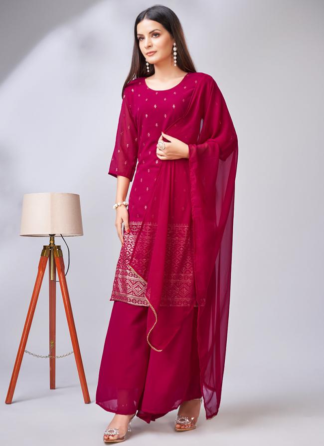Faux Georgette Rani Pink Traditional Wear Sequence Work Readymade Palazzo Suit